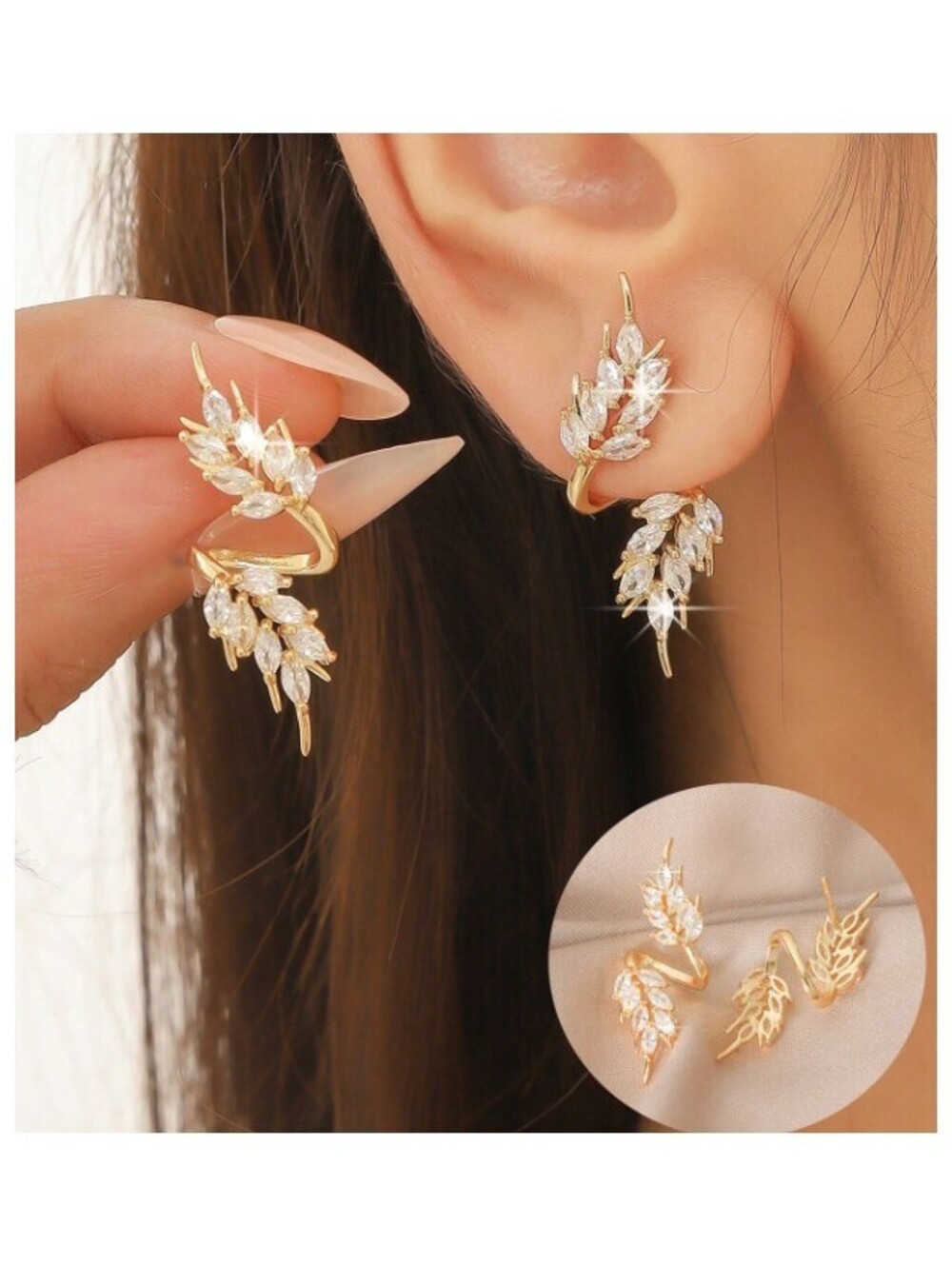 Silver leaf swirl - Earrings - Silver - CZs - 1.5"